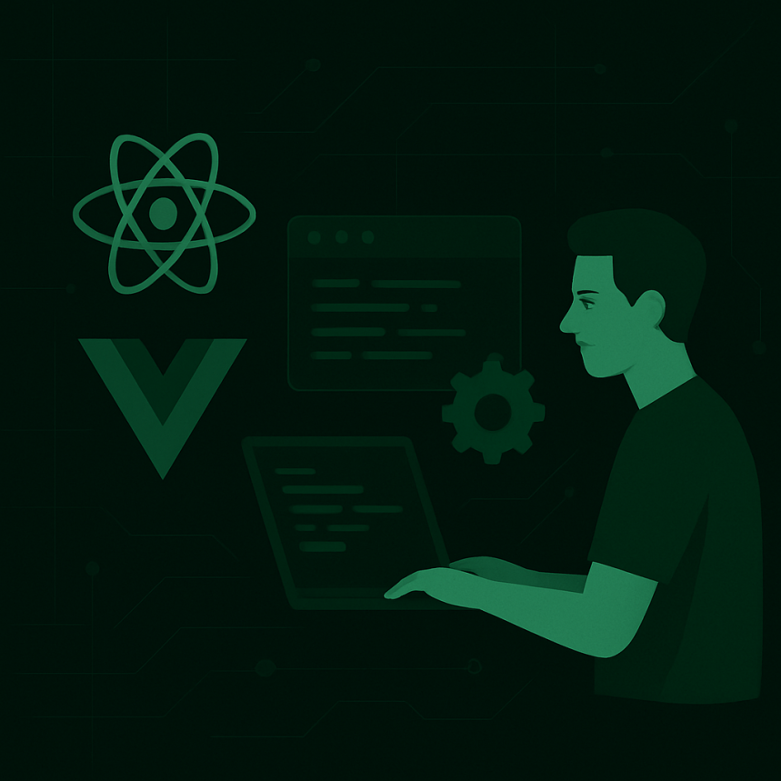 This image contains the vue.js logo and a developer who is working with his laptop and exploring the framework.