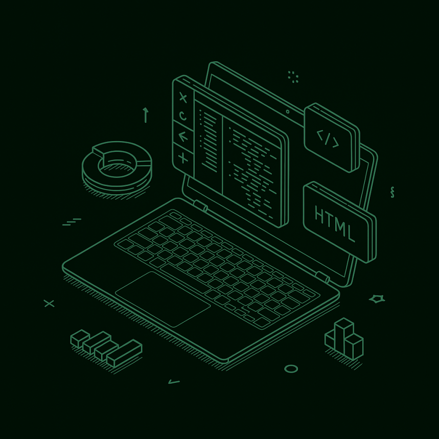This image features modern web development coding and HTML on the sides of a laptop.